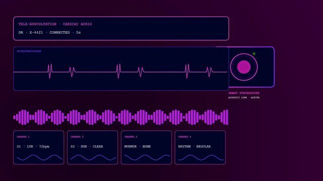 a remote health monitoring interface displaying digital electrocardiogram graphs and vital signs for clinical patient assessment featuring neon purple elements on a dark screen setup