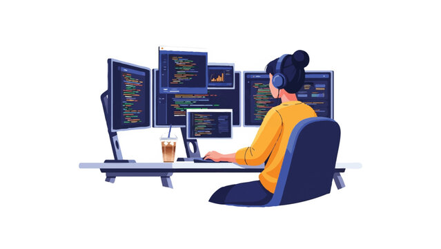 Female Software Developer Coding at Multi-Monitor Workspace Vector Illustration