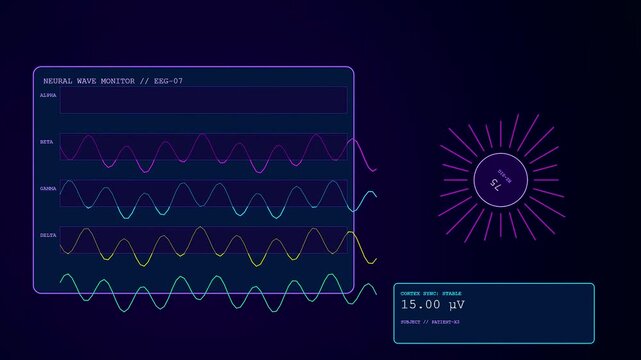 Remote health monitoring visual interface featuring dynamic neon waveform graphs and shifting numerical data values displayed on a dark virtual screen for modern medical analysis systems