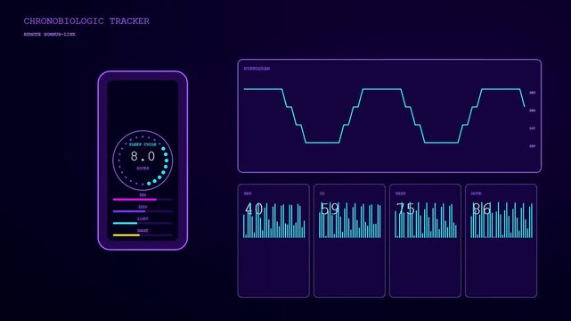 Remote health monitoring software interface displaying biometric data cycles on a digital mobile device screen with glowing line charts and statistical indicators in dark mode environment