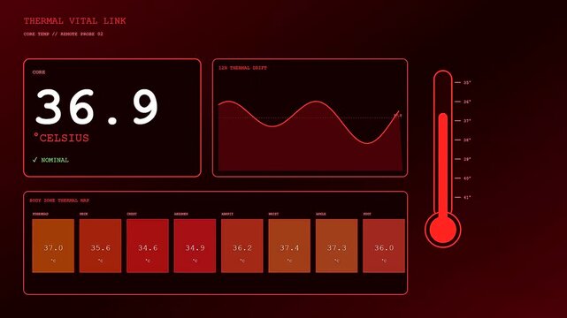 A digital screen showing remote health monitoring of vital signs with changing numerical readings displayed in a red monochromatic interface for medical analysis and observation