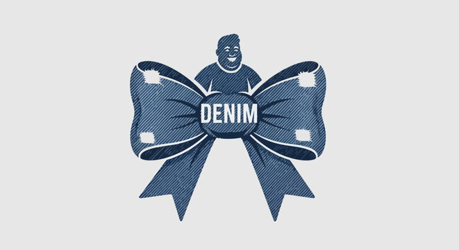 Blue denim fabric bow with textured graphic design