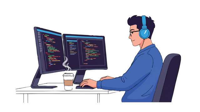 Software Developer Programmer Coding on Dual Monitors with Headphones and Coffee Flat Vector Illustration