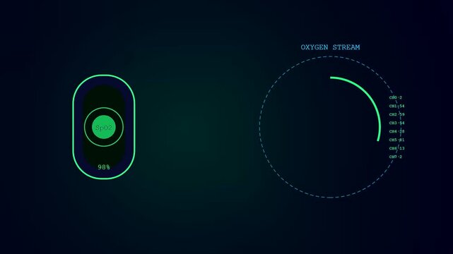 A digital remote health monitoring display shows oxygen saturation levels with circular graphic interface metrics glowing neon green against a dark virtual environment for medical data analysis