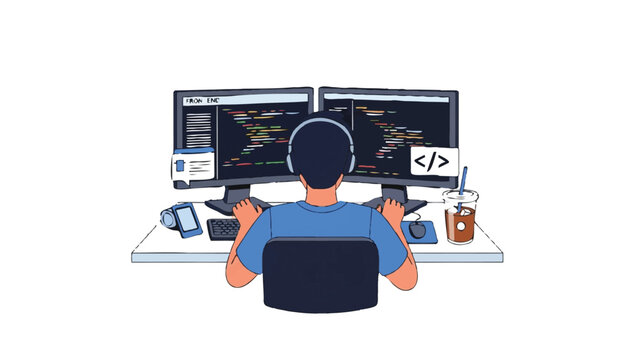Software Developer Working on Dual Monitors Vector Illustration, Front-End Programmer Coding at Desk with Headphones and Coffee, IT Technology Concept