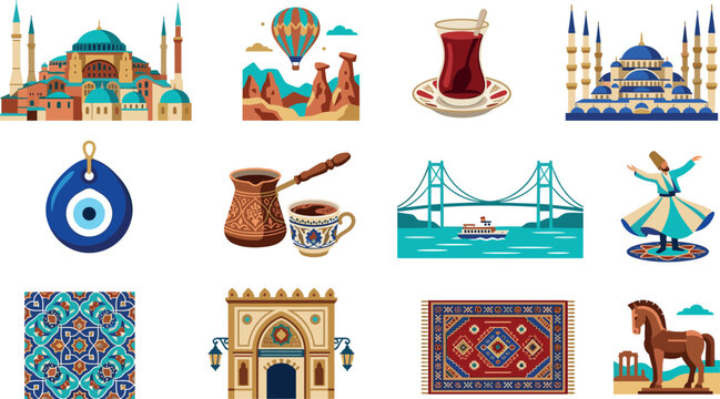 Turkey Culture and Travel Icon Set with Istanbul Landmarks, Traditional Tea, Evil Eye, Bosphorus Bridge, and Cappadocia Hot Air Balloon Vector Illustrations