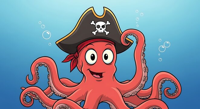 Cartoon girl with red hair wearing pirate hat and eye patch.