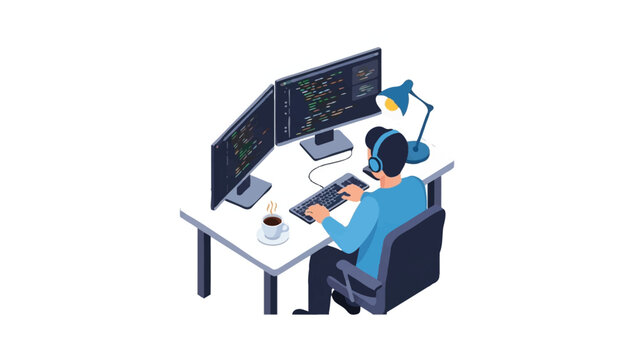 Isometric Programmer or Software Developer Working at Desk with Dual Monitors Coding and Headphones Illustration on White Background