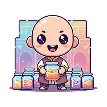 Smiling monk holding honey jar.