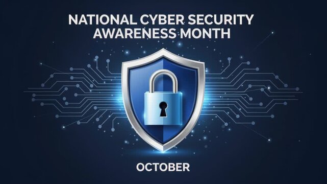 Cyber Security Awareness Month: A digital shield emblazoned with a padlock signifies protection and security, set against a backdrop of glowing circuitry and binary code.