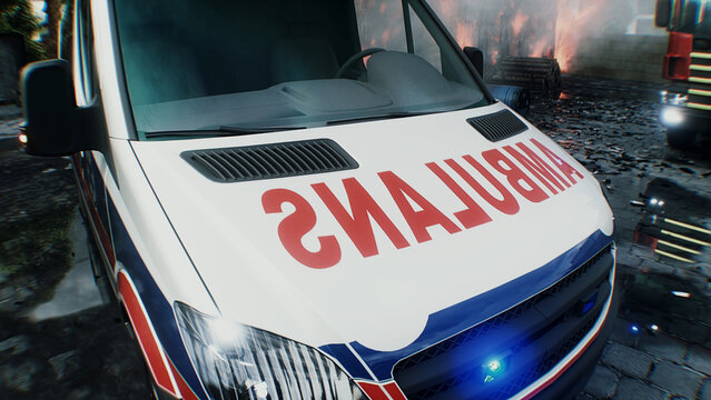 Ambulance stands in front of a burning house . The scene reflects urgency, danger, and life-saving rescue. 3d rendering
