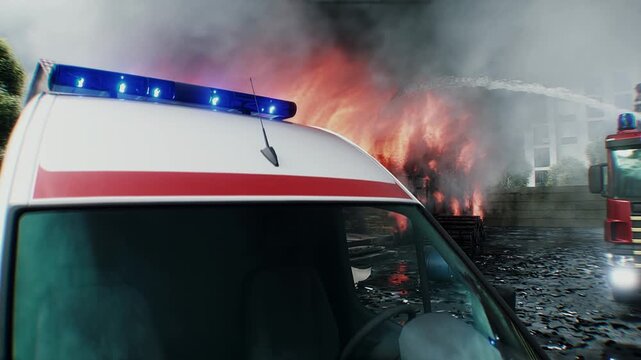 Ambulance with Flashing Emergency Lights. stands in front of a burning house . The scene reflects urgency, danger, and life-saving rescue. Realistic 4k animation.
