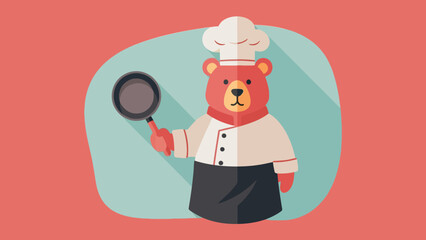 Flat design cartoon chef bear holding a frying pan