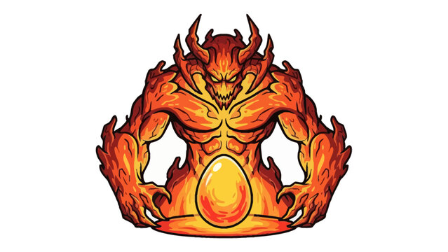 Fiery horned demon figure guarding a glowing yellow egg over a lava base