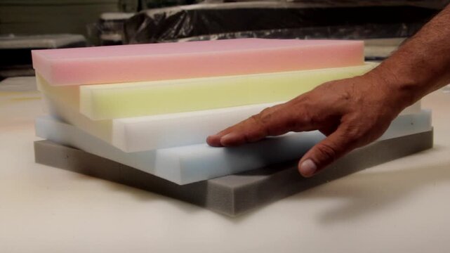 Stacked Foam Sheets of Different Densities in Manufacturing Facility. Foam Density Samples Stacked for Material Comparison. Industrial Foam Sheets Displaying Different Densities.Foam Quality Control 