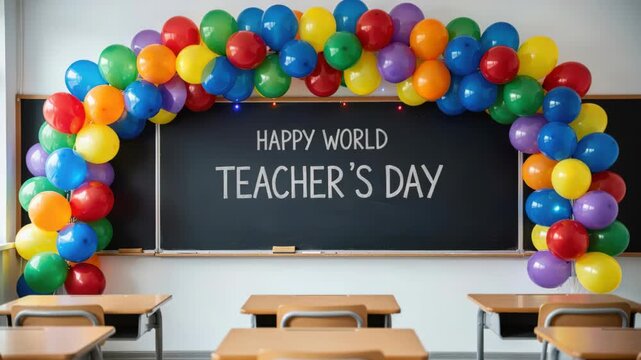 Celebrating Educators: A classroom is adorned with a vibrant arch of colorful balloons, framing a chalkboard inscribed with Happy World Teacher's Day, a tribute to the profound impact of teachers.