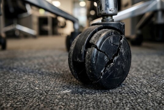 Close-up of violently cracked and split plastic caster wheel of office chair