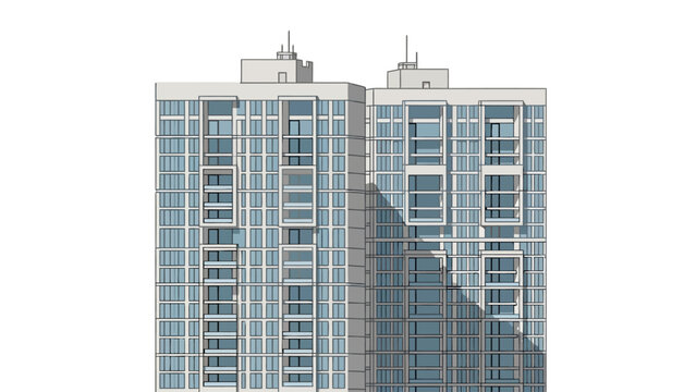 Illustration of a modern multistory residential building facade with glass windows