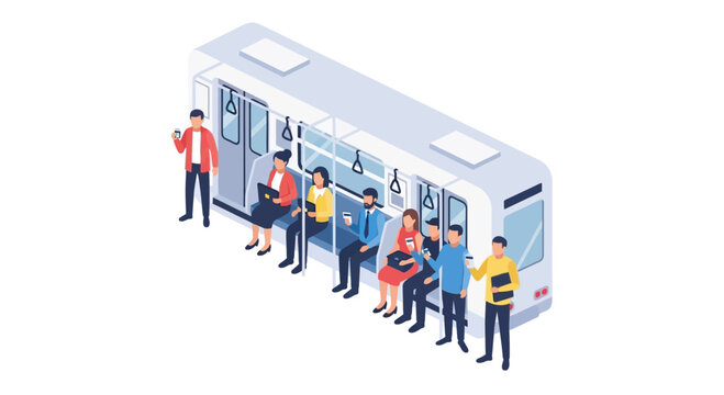Isometric view of diverse commuters inside a modern public transport train, traveling together.
