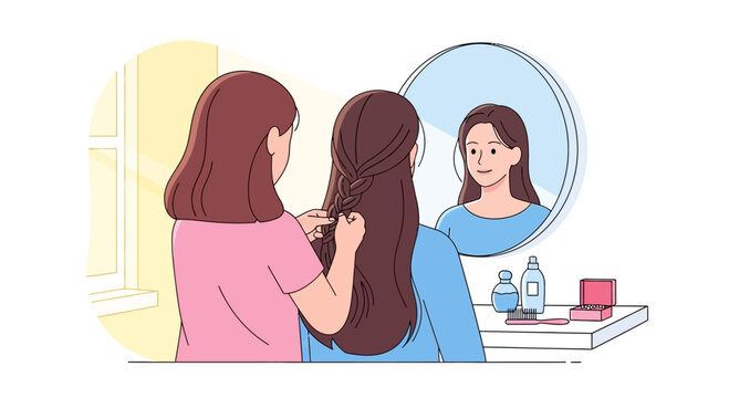 Two young women doing each other's hair, one braiding the other's long brown hair in front of a mirror