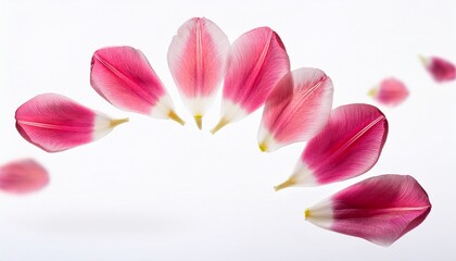 Fototapeta premium Pink Tulip Petals Fly In A Semicircle On An Isolated White Background