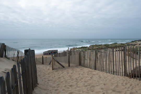 Beach access path through protected sand dunes in Labenne Ocean lined with traditional wooden fences under an overcast sky, scenic coastal landscape in Landes, Aquitaine, France.