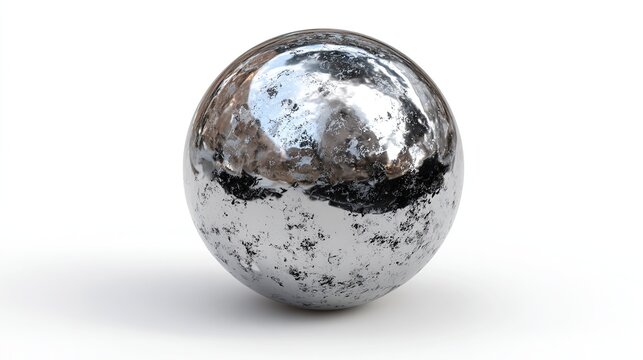 Metallic sphere with a reflective surface on a, showing texture and light reflections