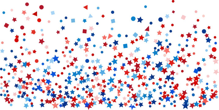 Patriotic red and blue confetti background, falling stars and geometric shapes vector, festive Fourth of July celebration border on white editable vetor.