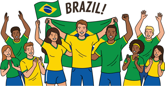 Group of diverse people cheering with Brazilian flag and Brazil text  celebrating