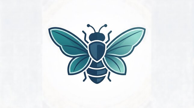 Symmetrical stylized blue bee logo icon with a protective shield on its back isolated on white background
