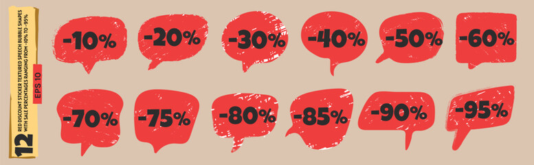 Red discount sticker set featuring 12 textured speech bubble shapes with sale percentages ranging from -10% to -95%. Perfect for retail store promotions, digital marketing campaigns, e-commerce sale b © Oksana