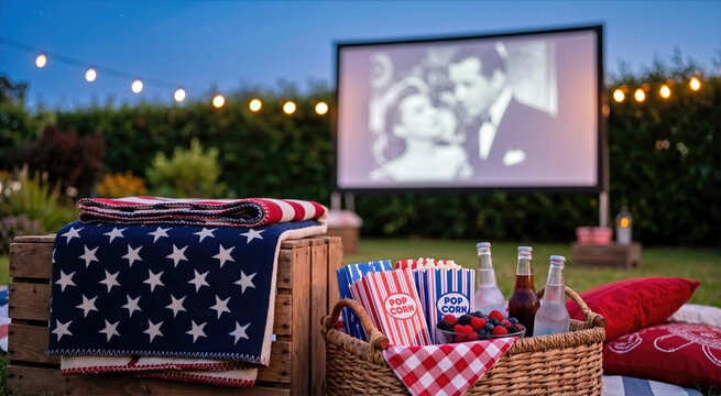 Backyard outdoor movie night setup with projection screen and string lights. Wicker basket with popcorn, berries, and drinks near an American flag blanket. Independence Day evening celebration