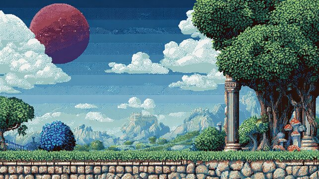 Pixel art landscape with a red planet, clouds, trees, and mountains in a retro video game style