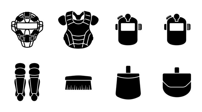 Baseball Catcher Gear Icons, Sports Equipment Vector Set, Protective Kit Elements