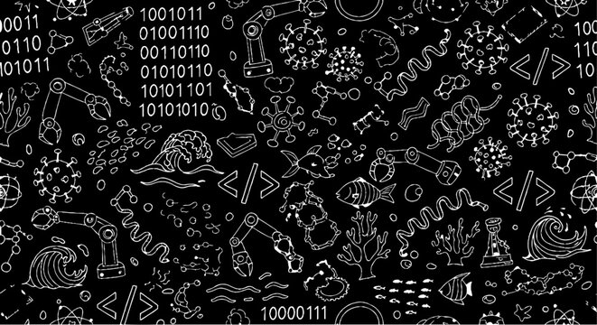 Complex Binary Code and Abstract Technical Illustrations Pattern.