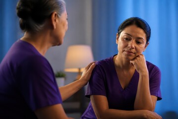 Fototapeta premium Healthcare worker offering emotional support during a difficult conversation in clinic