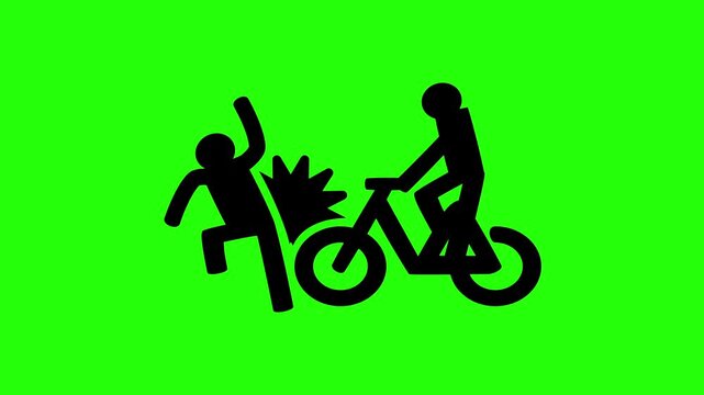 Beautiful 4K motion asset containing a speeding bicycle running into a walking pedestrian silhouette bouncing. Clean traffic regulation chart graphic.