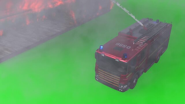 Fire Truck Extinguishing Burning House with Foam. Realistic 4k animation