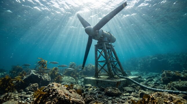 Underwater tidal turbine for marine energy, useful for renewable power, ocean infrastructure, engineering, and ESG communication.