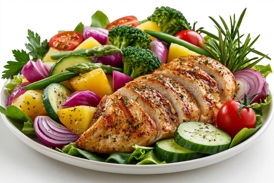 Grilled chicken with vegetables on a plate at lunchtime in a kitchen setting