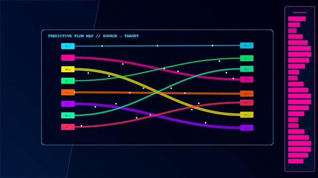 A detailed predictive analytics graph visualization flows across three monitors showcasing complex node data movement with neon lines in a dark digital interface setting