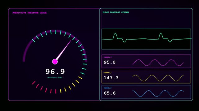 A digital predictive analytics graph interface displays shifting biometric values and moving wave patterns on a dark screen representing complex statistical system monitoring data visualization