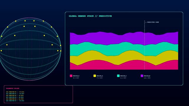 A predictive analytics graph displays fluctuating data patterns across circular globe interfaces with glowing yellow points and vibrant colorful liquid wave charts on dark screen displays