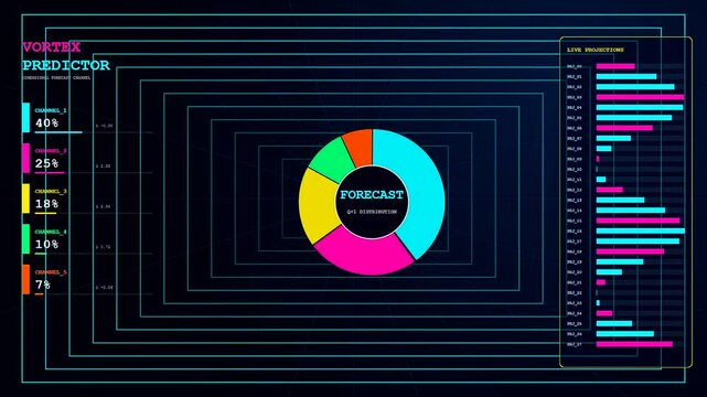 A digital predictive analytics graph overlay displays fluctuating circular charts and bar statistics in a seamless motion sequence for sophisticated data visualization and system monitoring interface