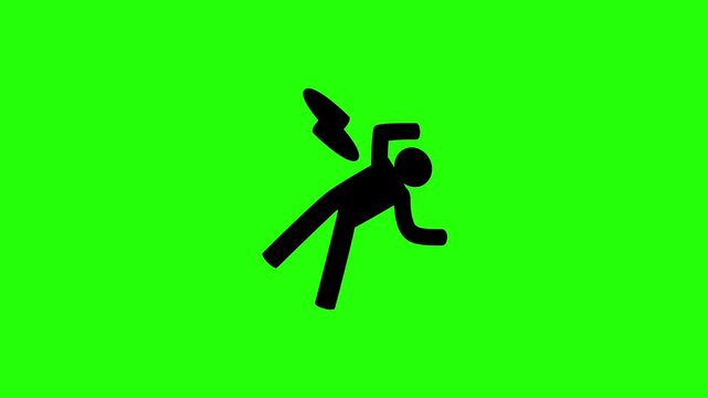 Clean 4K horizontal video showing a human figure struck by a lightning bolt electric shock hazard silhouette bouncing. High quality power utility asset.