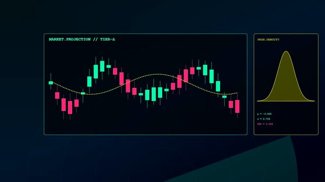 a predictive analytics graph displays fluctuating market trends with glowing green and pink candlestick charts moving across a dark screen interface during a financial data analysis