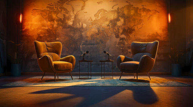 Two empty armchairs facing each other in a dimly lit room with dramatic lighting