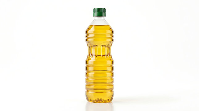 A bottle of yellow liquid oil stands alone on a white surface