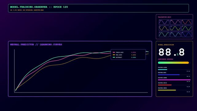 A digital screen interface displays a predictive analytics graph with evolving performance metrics shown across three sequential frames of statistical data monitoring in a dark environment