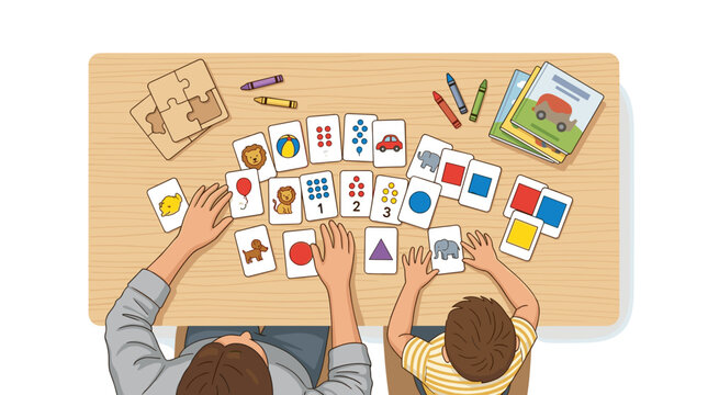 Top-down view of two people at a table with flashcards, crayons, and puzzle pieces. The flashcards feature various shapes, animals, and numbers. 2D Vector Illustration